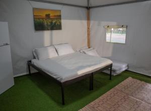 uma cama num quarto com piso verde em The Camping Site Hamat Gader em Kinneret