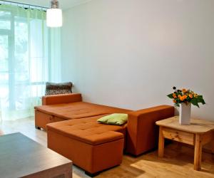 a living room with a couch and a table at Jalaka Apartment with sauna in Pärnu