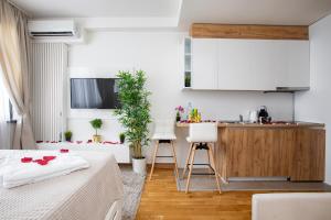 ein kleines Apartment mit einer Küche und einem Schlafzimmer in der Unterkunft Belgrade Waterfront Apartments - River View in Belgrad
