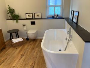 a bathroom with a bath tub and a toilet at Austragshaus Almbranz in Helmbrechts