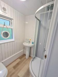 y baño pequeño con lavabo y ducha. en 147 Snowdon Drive, Glan Gwna, en Caernarfon
