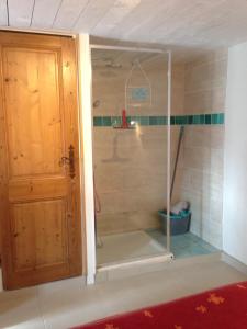 a shower with a glass door in a bathroom at Les hauts des Durnières in Aiguebelle