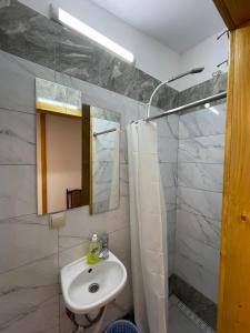 ein Bad mit einem Waschbecken und einer Dusche in der Unterkunft Hotel Mlyn in Nikolayev