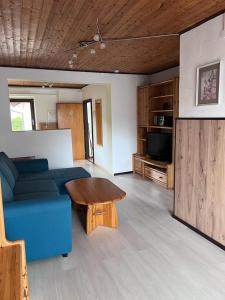 a living room with a blue couch and a table at Haus Petra in Neumarkt in Steiermark