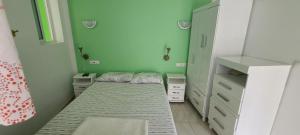 two beds in a room with green walls at LA MENOR in Ribeira Grande