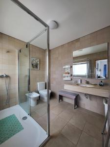 a bathroom with a shower and a toilet and a sink at Penthouse Roma in Fuzeta