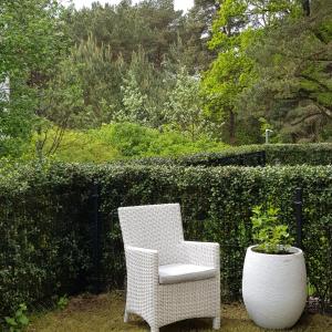 białe krzesło i garnek obok żywopłotu w obiekcie JPapartments Nadmorski Park w Gdańsku