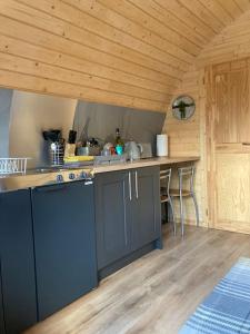 a kitchen with blue cabinets and a counter top at The Fox's Den, Luxury Cosy Mini Lodge, Highlands in North Ballachulish