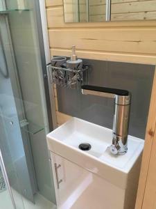 a bathroom with a sink with a faucet at The Fox's Den, Luxury Cosy Mini Lodge, Highlands in North Ballachulish