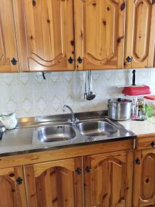 uma cozinha com um lavatório de aço inoxidável e armários de madeira em Casa giovanna em Rocca San Giovanni