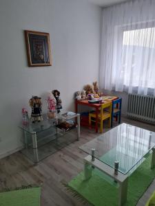a room with two glass tables and a table with teddy bears at Fränkische Rhön Wohnung mit Bergblick ツ in Bad Kissingen +10 photos