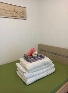 a stack of folded towels on a green table at Biržai camping in Biržai