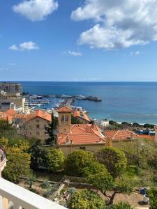 uma vista para a cidade e para o oceano a partir de uma varanda em Charmant deux pièces aux portes de Monaco em Cap d'Ail
