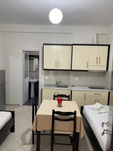eine Küche mit einem Tisch mit Stühlen und einem Waschbecken in der Unterkunft Xhonis Apartments in Ksamil