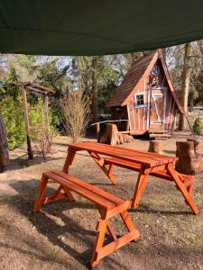 a picnic table in front of a small house at Märchenhütte- Campen am Wald und See in Neuruppin