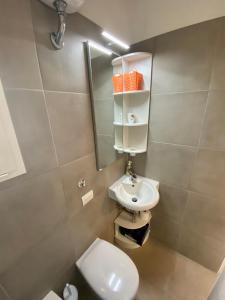 ein Badezimmer mit einem Waschbecken, einem WC und einem Spiegel in der Unterkunft Appartamento GERANIO in Riva Trigoso
