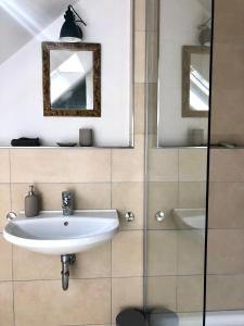 ein Bad mit einem Waschbecken und einem Spiegel in der Unterkunft Ferienwohnung Weingut Villa Huesgen am Mönchhof in Traben-Trarbach