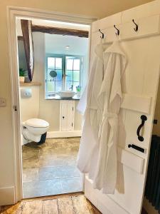 a bathroom with a toilet and a sink at Slowley Farm Cottage in Luxborough