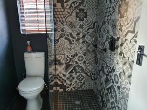 a bathroom with a toilet and a tiled wall at Melvilla Studio in Johannesburg