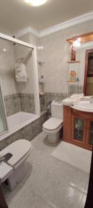 a bathroom with a sink and a toilet and a shower at Piso Estación Termal GARAJE Y AIRE ACONDICIONADO in Ourense