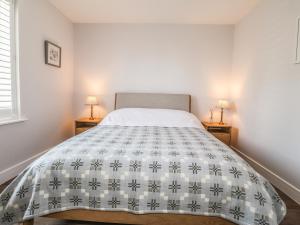 Un dormitorio con una cama y dos lámparas sobre mesas. en Ty Owen, en Newport