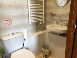 a small bathroom with a toilet and a sink at LES ANDALOUSES in Avèze