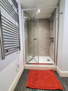 a shower in a bathroom with a red rug at Ipswich Town Centre Apartment 5 in Ipswich