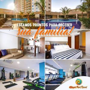 eine Collage mit Fotos eines Hotels mit einem Bett und einem Zimmer in der Unterkunft Olímpia Park Resort in Olímpia