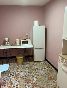 eine Küche mit einem Kühlschrank und einem Tisch mit einer Mikrowelle in der Unterkunft Casa Colonial Cejas in Santa Cruz de Tenerife