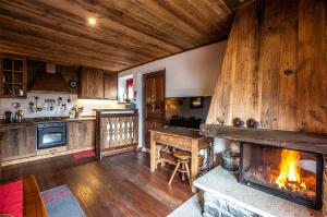 a living room with a fireplace and a kitchen at L'Atelier du Temps - Chalet Les Marmottes in Cogne