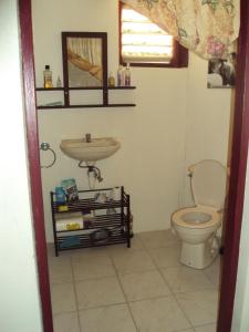 a bathroom with a toilet and a sink at Riversideview House in Calibishie
