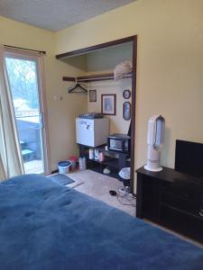 ein Schlafzimmer mit einem Bett und einem Spiegel sowie einem TV in der Unterkunft Outdoor Hot Tub and Cozy King Bed in Lansing