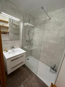 een badkamer met een douche, een wastafel en een toilet bij Duplex la Plagne Montalbert in Aime La Plagne