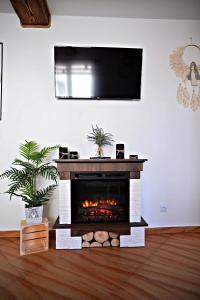 a living room with a fireplace with a tv above it at Drozdówka nad Soliną - Domki BOHO in Solina