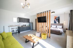 ein großes Wohnzimmer mit einem Bett und einem Sofa in der Unterkunft *Oasis* Best View Jacuzzi New Central Apartment in Volos