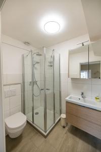 ein Bad mit einer Dusche, einem WC und einem Waschbecken in der Unterkunft Pellwormer Jensenhof in Pellworm