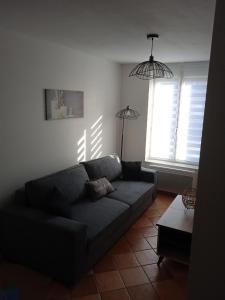 uma sala de estar com um sofá e uma janela em La Terrasse em Mers-les-Bains