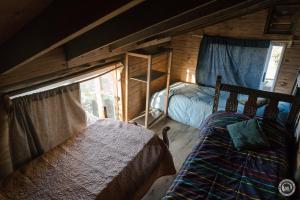una camera con 2 letti in una baita di tronchi di Bunker Hostel a Cabo Polonio