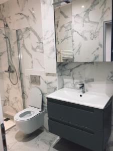 La salle de bains est pourvue de toilettes, d'un lavabo et d'un miroir. dans l'établissement Lea, à Paris