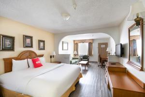 um quarto de hotel com uma cama grande e uma sala de estar em OYO Hotel Stafford TX I-69 North em Stafford