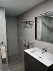 a bathroom with a sink and a shower with a mirror at O Trancallo in Viana do Bolo