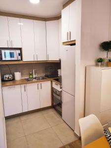 uma pequena cozinha com armários brancos e um frigorífico em Center Firefly Gardens Apartment em Novi Sad
