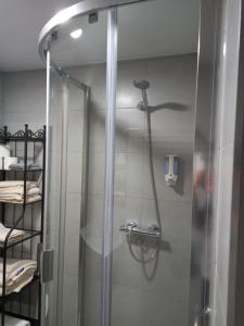 La salle de bains est pourvue d'une douche avec une porte en verre. dans l'établissement O Trancallo, à Viana do Bolo