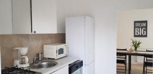 a kitchen with a sink and a microwave at Pensiunea Groza in Târgu Jiu