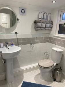 a bathroom with a toilet and a sink and a mirror at Hideaway at Botany Bay in Broadstairs