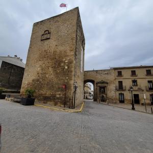 un gran edificio de ladrillo con una bandera encima en "El Torreón" en el centro histórico de Baeza, en Baeza