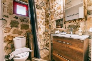 uma casa de banho com um WC, um lavatório e um espelho. em Dreamy Stone House em Pesádha