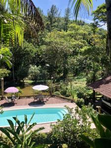 una piscina con due ombrelloni accanto a una foresta di Sítio Bagatelle com cachoeira e piscina! ad Angra dos Reis