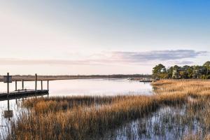 a lake with a dock and some tall grass at Riverhouse in Johns Island