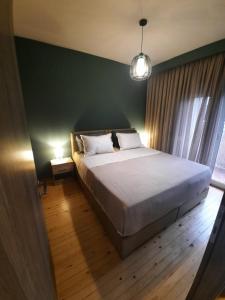 a bedroom with a large bed and a green wall at Billie's guest house in Iraklitsa
